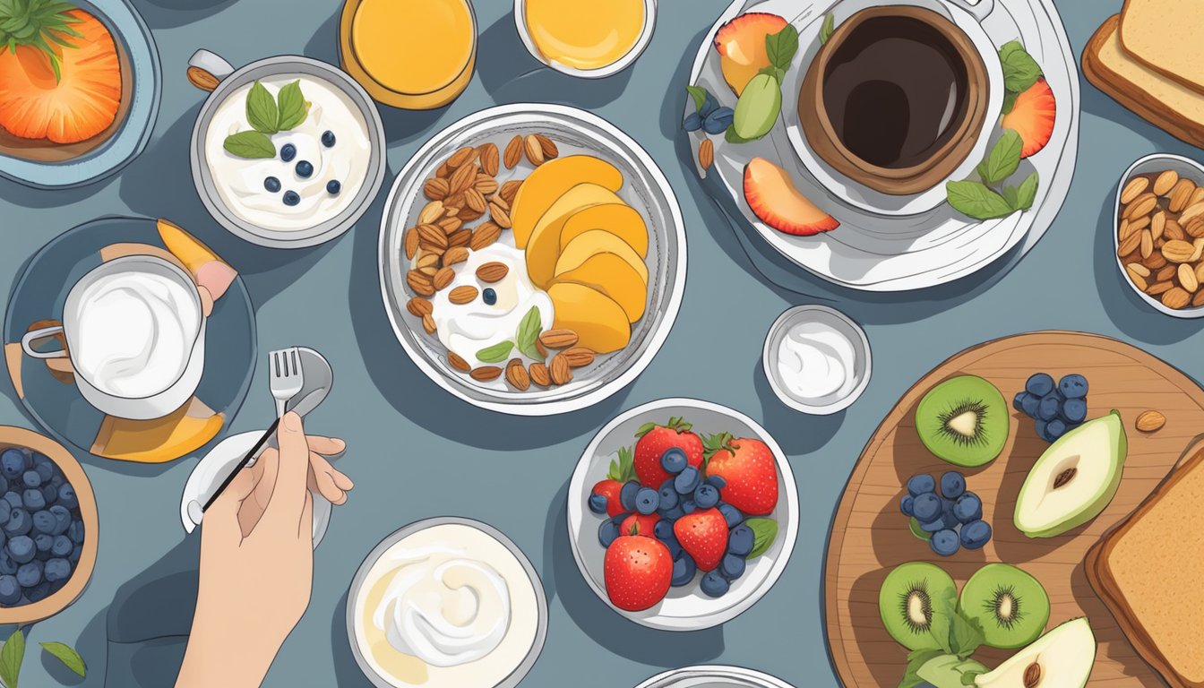 A breakfast table with a colorful array of fruits, whole grain toast, yogurt, and nuts. A person sits with a journal, practicing mindful eating