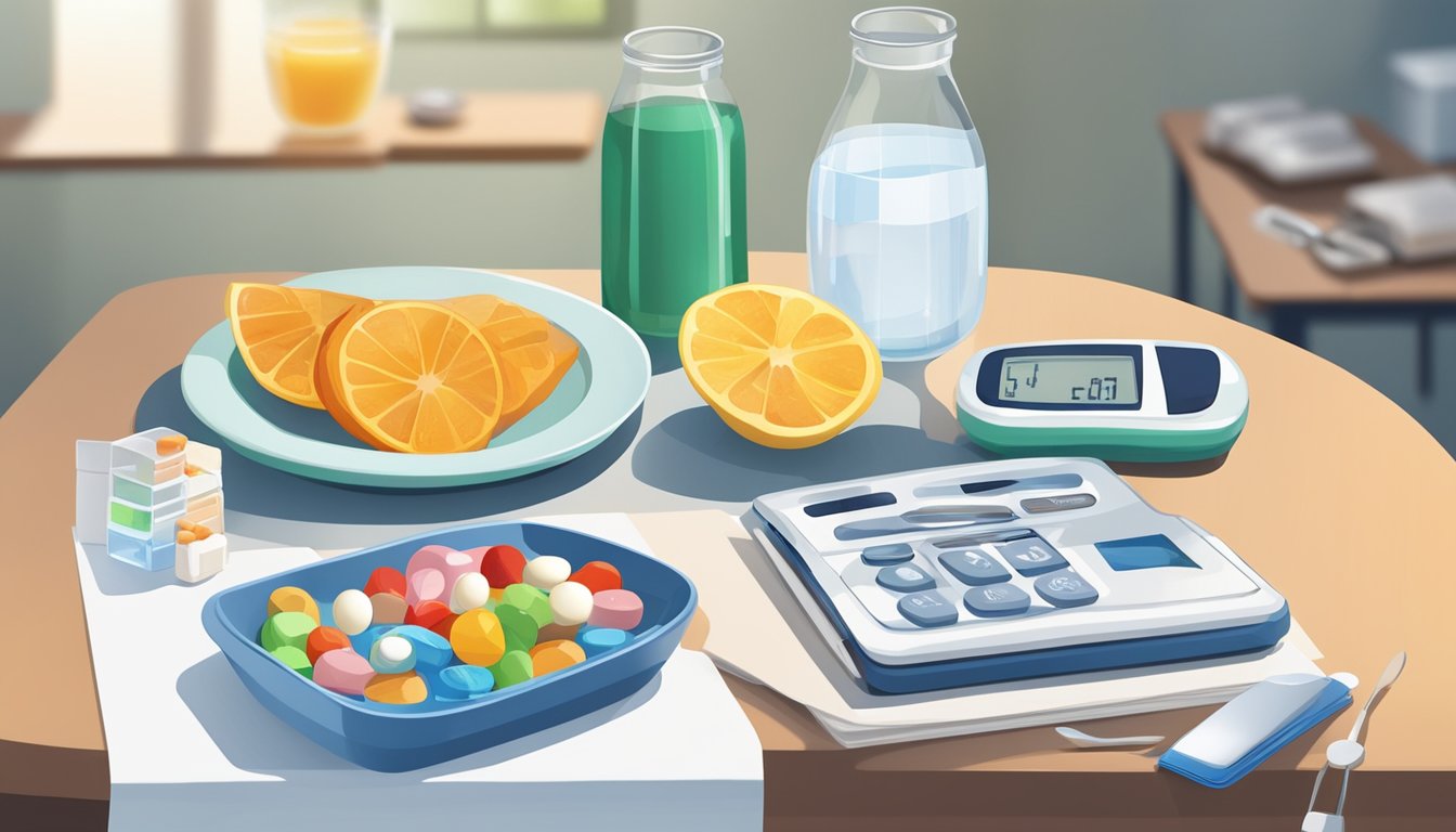 A breakfast table with a plate of healthy food, a glass of water, and a pill organizer next to a blood glucose monitor and medication bottle