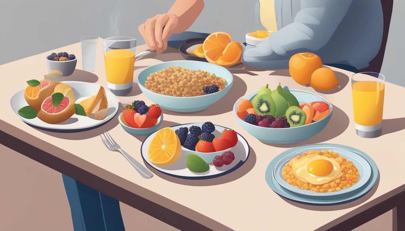 A table set with a variety of diabetes-friendly breakfast options, including whole grains, fruits, and lean proteins. A person sitting with a plate, practicing mindful eating