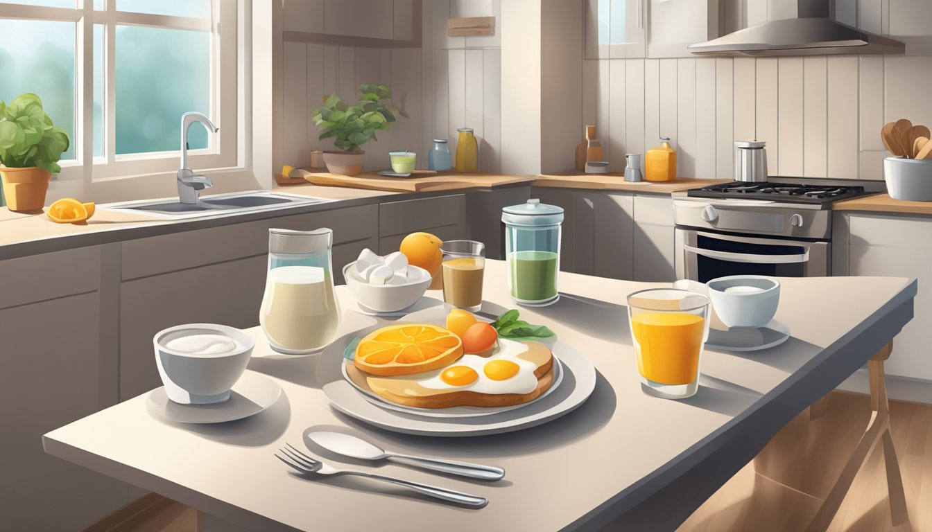 A table set with a balanced breakfast and medication laid out in a well-lit kitchen