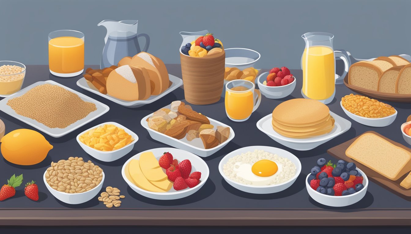 A table set with a variety of balanced breakfast options, including whole grains, fruits, and lean proteins. A separate pile of foods to avoid, such as sugary cereals and pastries, sits off to the side