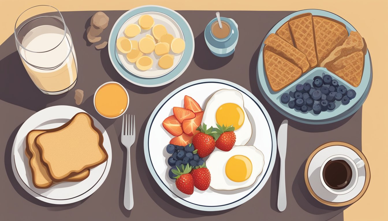 A table with breakfast foods to avoid with diabetes, including sugary cereals, pastries, and sweetened beverages. A plate of fruit, whole grain toast, and eggs are shown as healthier options