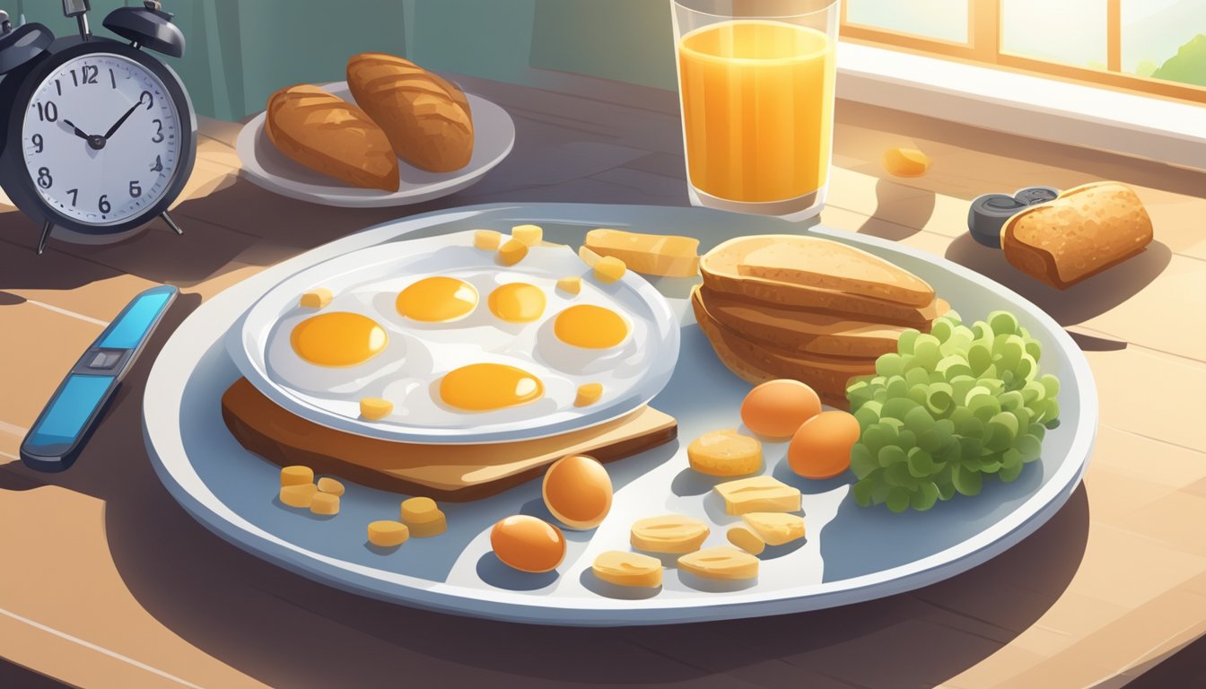 A table with a plate of food, a glucometer, and medication. A clock on the wall shows breakfast time. Sunlight streams through a window