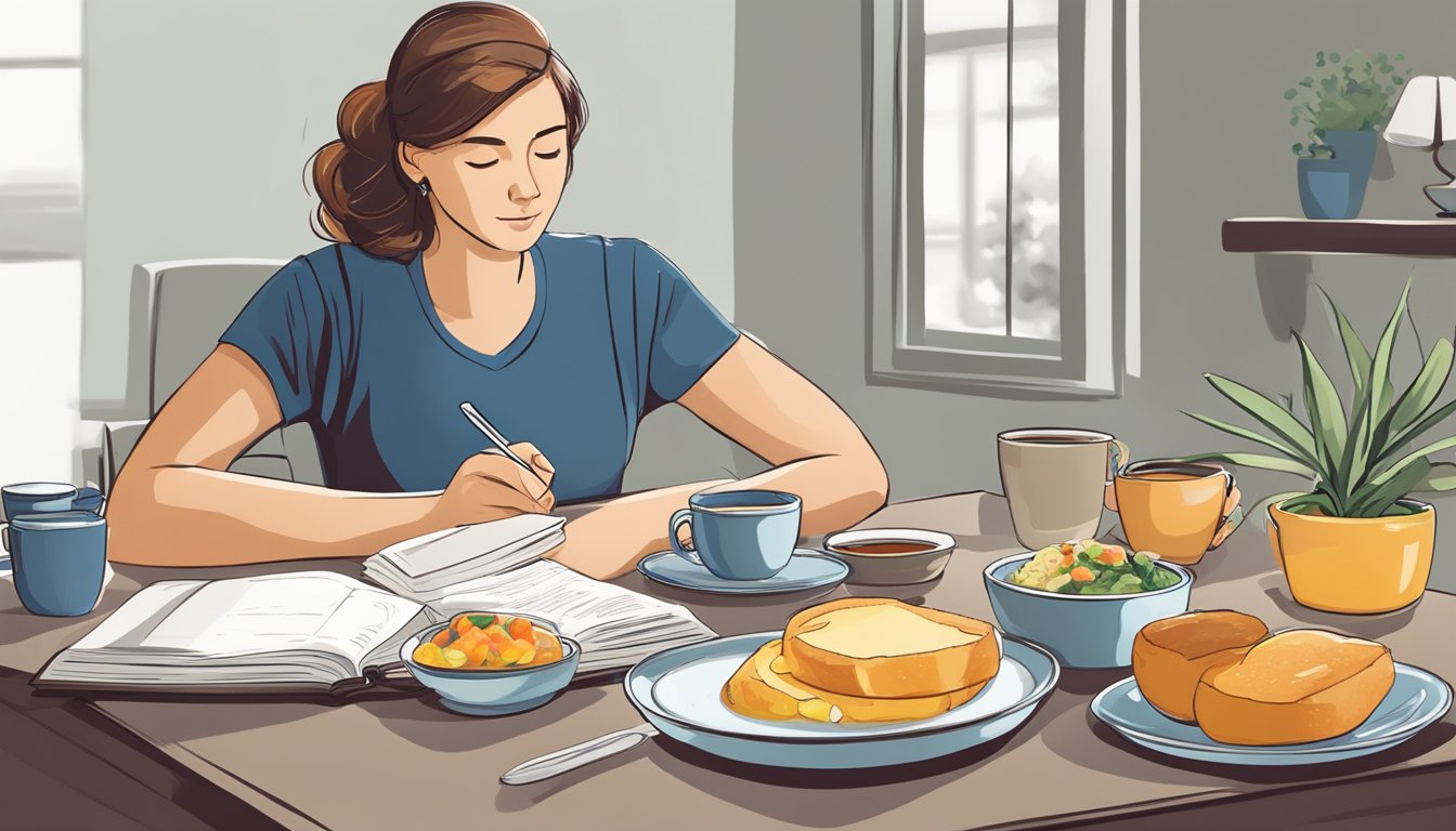 A table set with a balanced breakfast, a journal for tracking food intake, and a clock to monitor meal times. A person is sitting with a calm and focused demeanor while eating