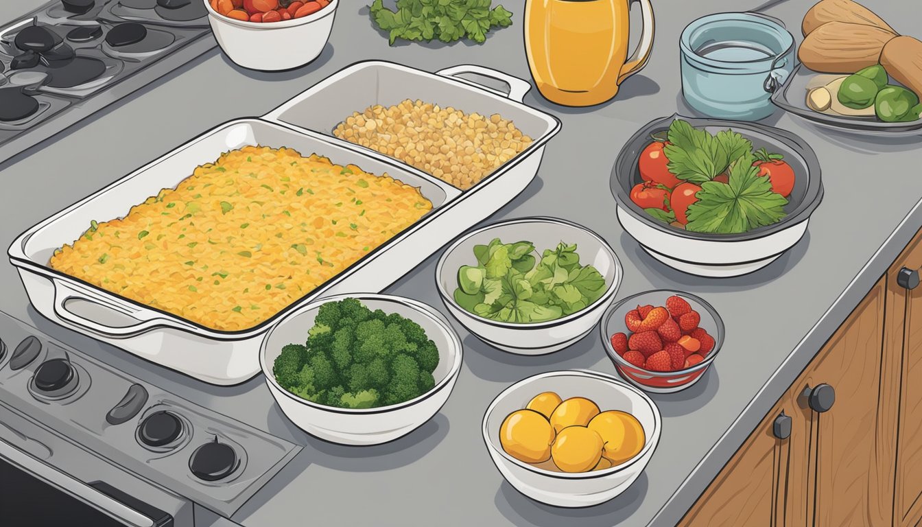 A kitchen counter with various ingredients laid out for assembling a breakfast casserole. A casserole dish sits nearby, ready for cooking