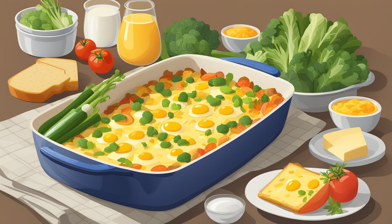 A colorful array of fresh vegetables, eggs, and low-fat cheese arranged in a casserole dish, with a steaming, golden-brown breakfast casserole emerging from the oven