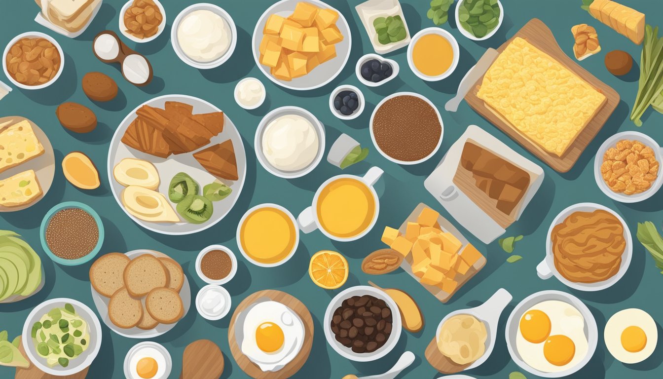 A table with various breakfast foods and their nutrition labels spread out for analysis