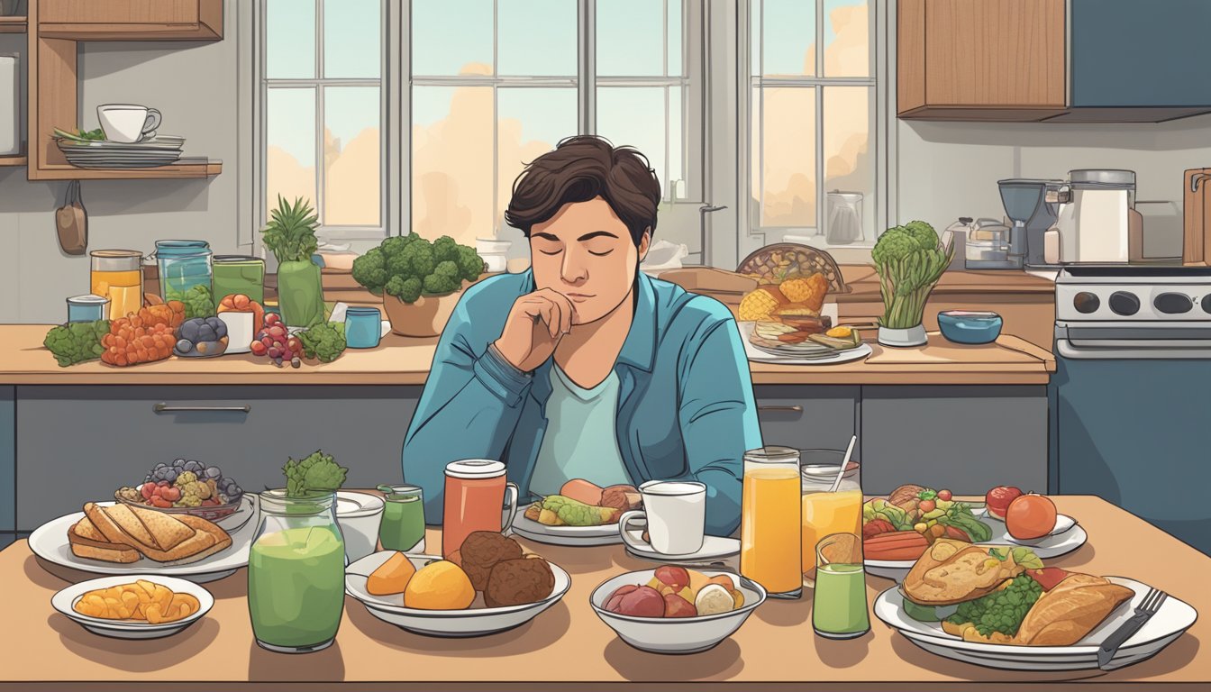 A person with diabetes sits at a breakfast table, surrounded by healthy and unhealthy food options. A stress-inducing situation is depicted in the background