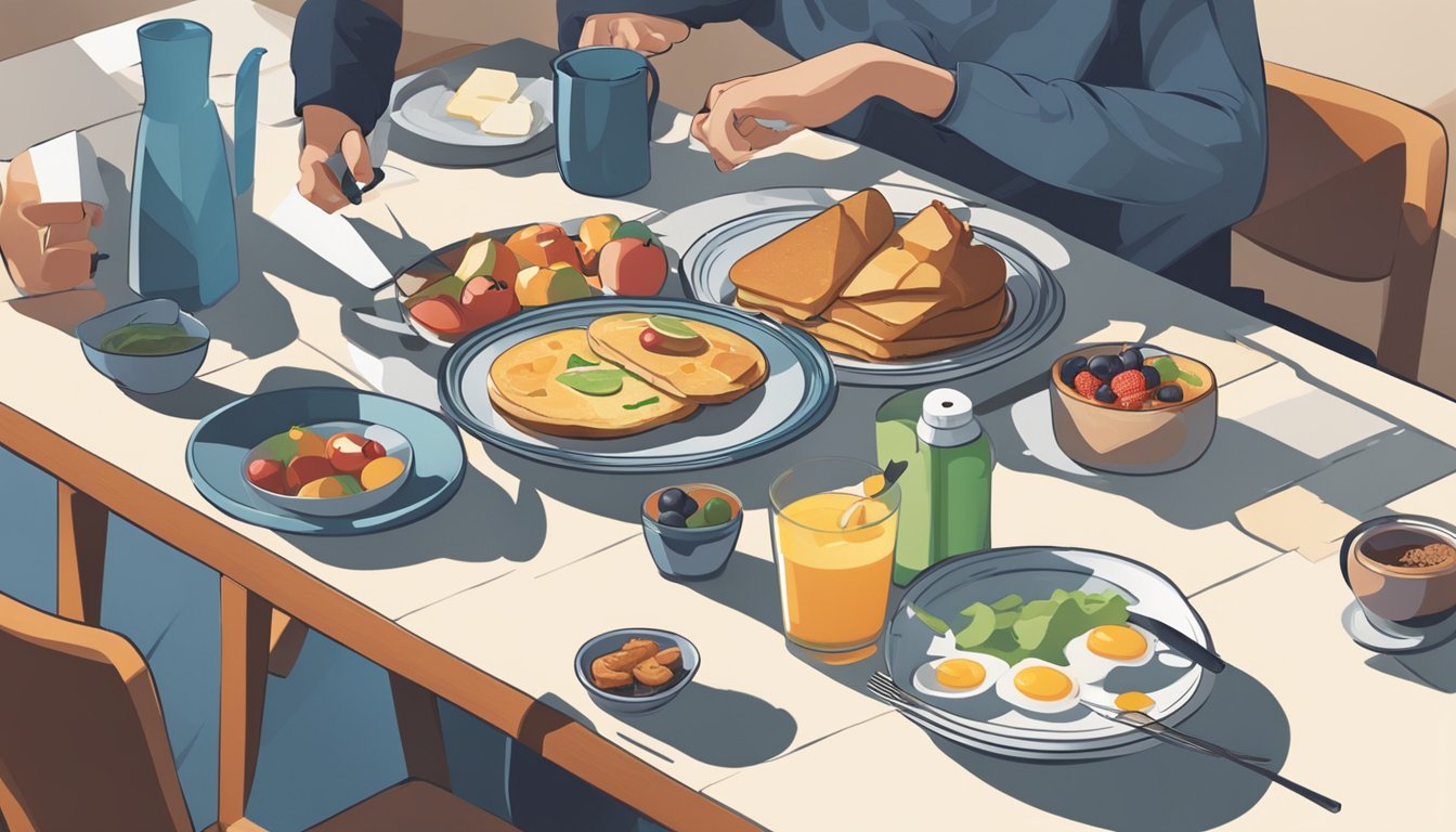 A person's shadow looms over a table with a plate of healthy breakfast options and a blood sugar monitoring device. Stress-related imagery surrounds the scene