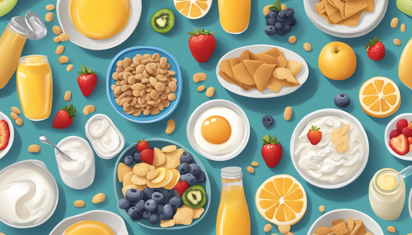 A breakfast table with a variety of food items, including cereal, fruit, and yogurt, with clear and easy-to-read nutrition labels displayed next to each item