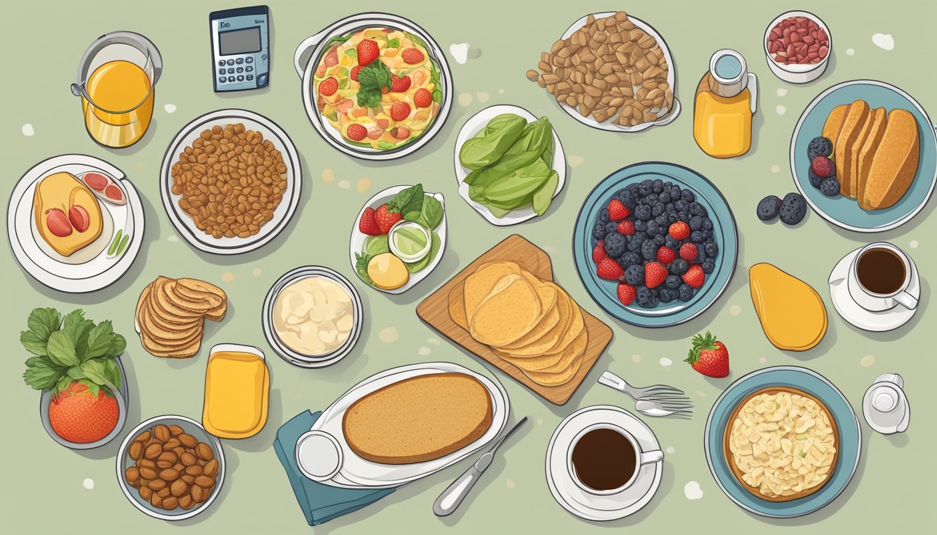 A table with various diabetic breakfast foods and nutrition labels, surrounded by expert recommendations and additional resources