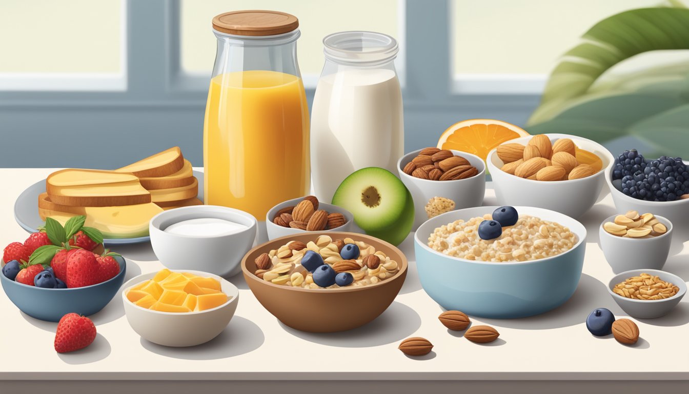 A breakfast table with a variety of food items, including yogurt, fruits, whole grains, and nuts, with a prominent focus on probiotic-rich options