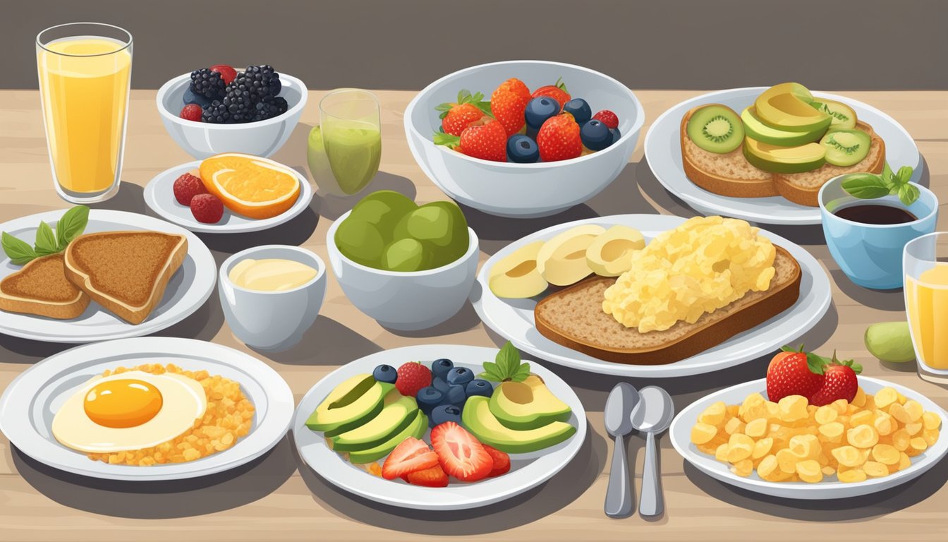 A table set with a variety of breakfast dishes, including oatmeal, fruit salad, and whole grain toast with avocado, all arranged in an appealing and appetizing manner