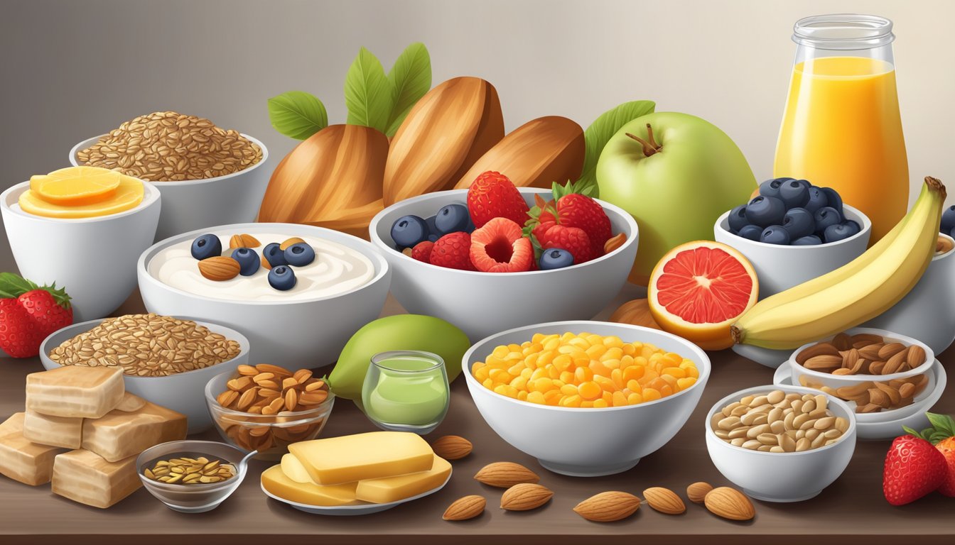 A breakfast table with a variety of high-fiber and protein-rich foods, such as whole grains, nuts, seeds, and yogurt with fruits, arranged in an appealing and appetizing manner