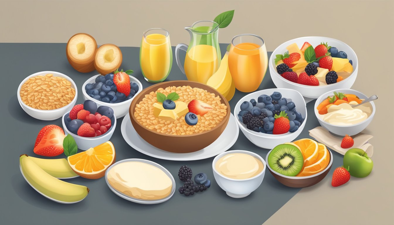 A colorful breakfast table with a variety of healthy food options, such as whole grains, fruits, and low-fat dairy products, arranged neatly on a plate or in bowls