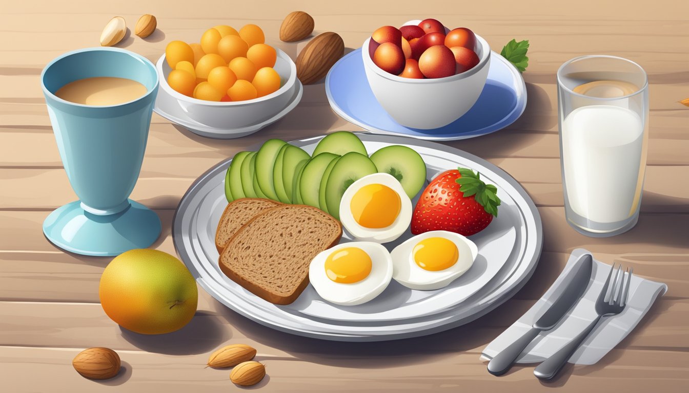 A table set with a colorful array of fruits, whole grain bread, nuts, and yogurt. A glass of water and a plate of eggs and vegetables completes the balanced diabetes-friendly breakfast