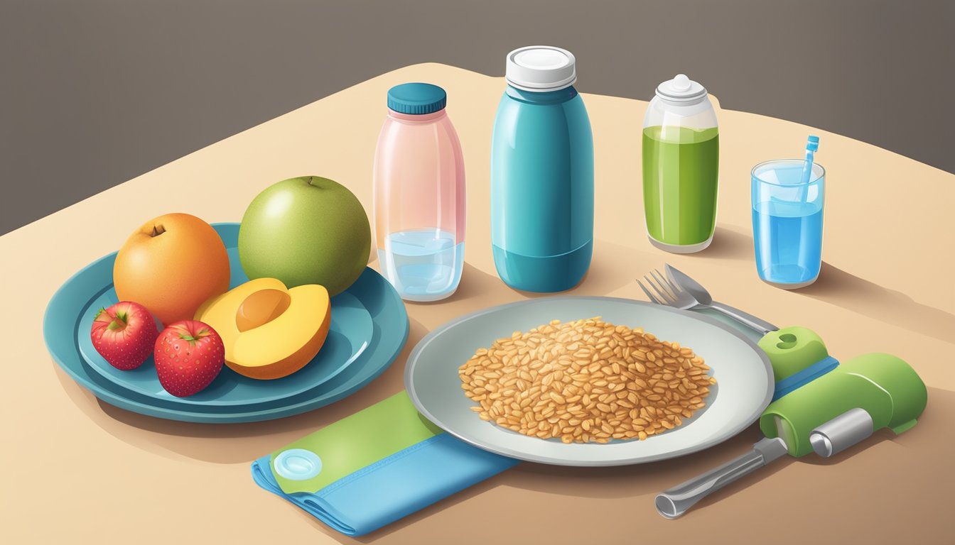 A table set with a balanced breakfast of whole grains, fruits, and protein, alongside a reusable water bottle and insulin supplies