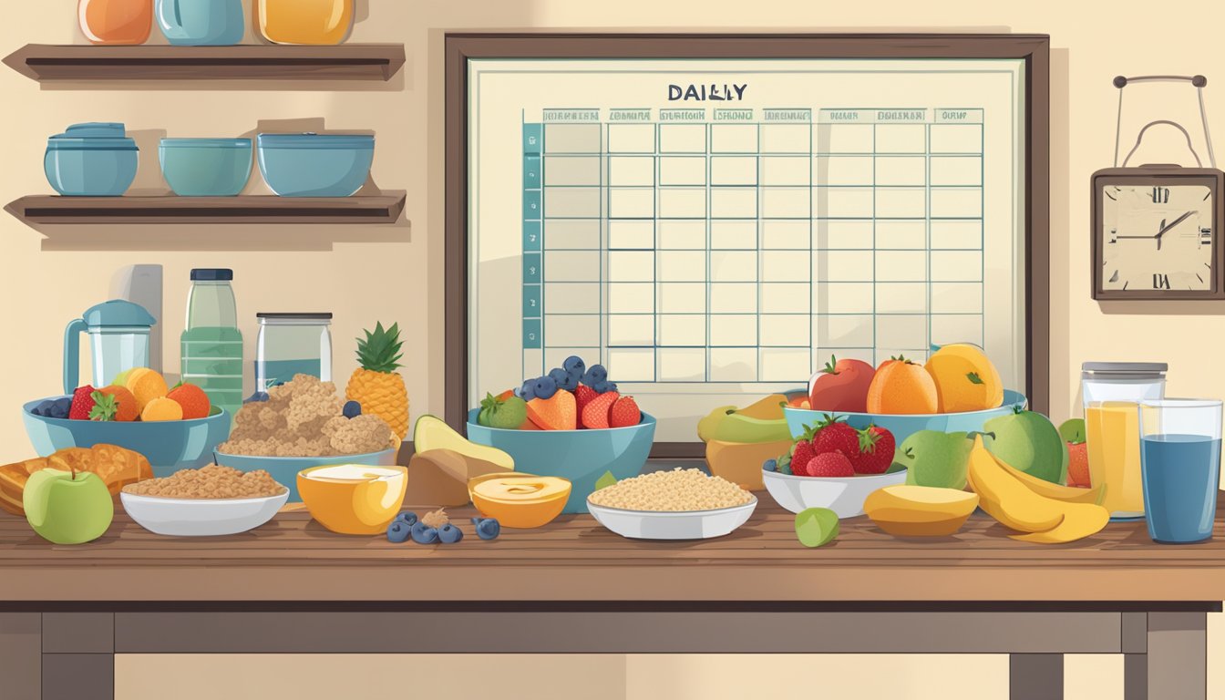 A table with a variety of healthy breakfast options, including fruits, whole grains, and proteins. A calendar on the wall shows a daily routine being monitored and adjusted