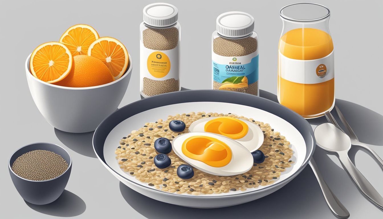 A breakfast table with a bowl of oatmeal topped with flaxseeds and chia seeds, a plate of fresh fruit, a glass of orange juice, and a bottle of omega-3 fish oil capsules