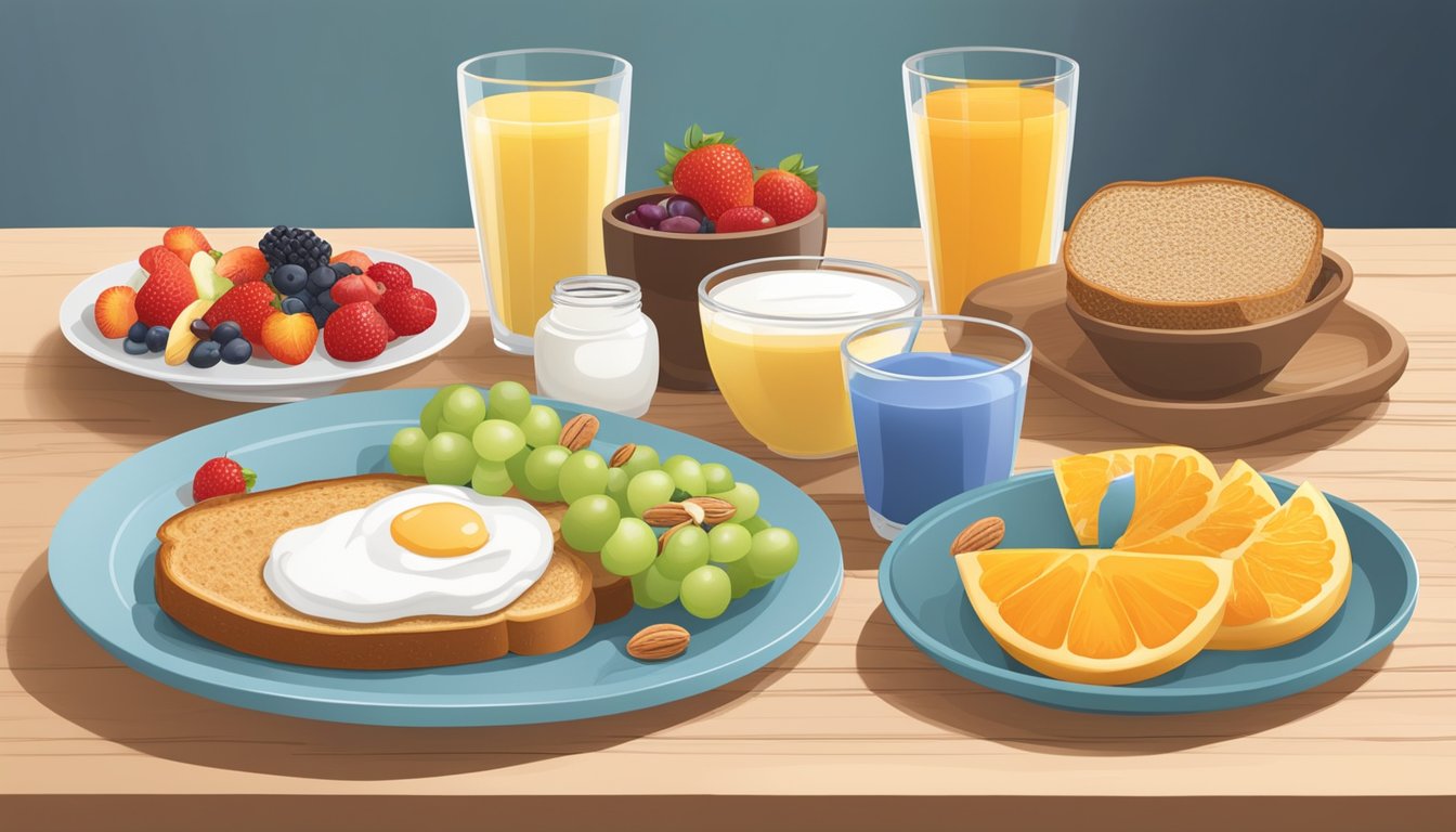 A table set with a variety of diabetic-friendly breakfast options, such as whole grain toast, fresh fruit, yogurt, and nuts, alongside a bottle of insulin