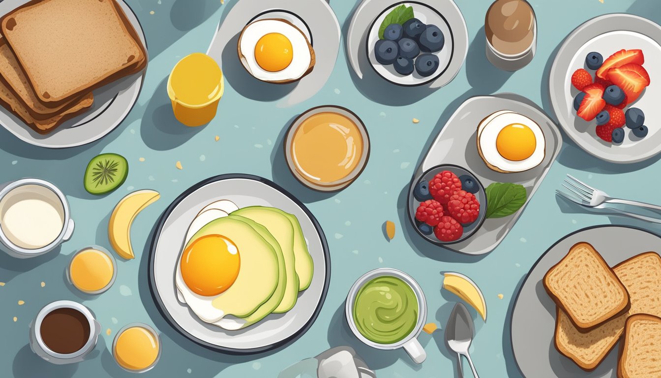 A breakfast table with a variety of diabetic-friendly foods, such as whole grain toast, avocado, eggs, and berries, with a bottle of insulin nearby