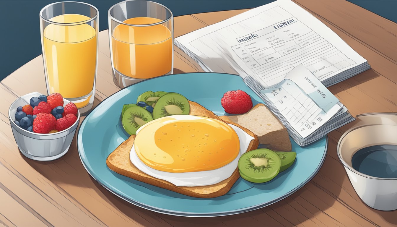 A breakfast table with a balanced meal, a glass of water, and a pamphlet on insulin resistance and diabetic breakfast choices