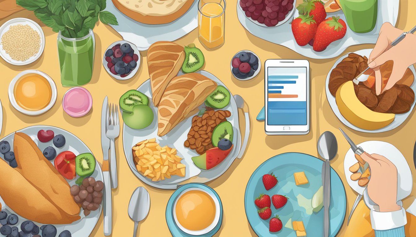 A festive breakfast table with a variety of healthy food options, including fruits, whole grains, and lean proteins. A person with diabetes is seen using a blood glucose monitor and taking insulin