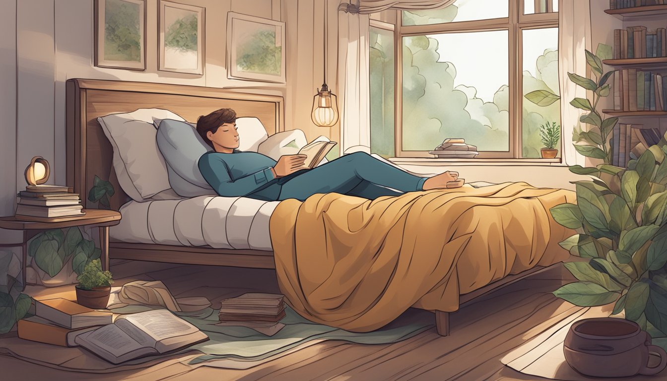 A person sleeping peacefully in a cozy bed, surrounded by calming elements like a warm cup of herbal tea and a book