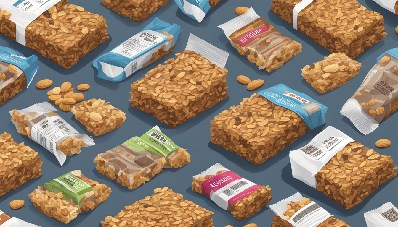 A table covered with granola bars, surrounded by nutrition labels, sugar packets, and unhealthy ingredients