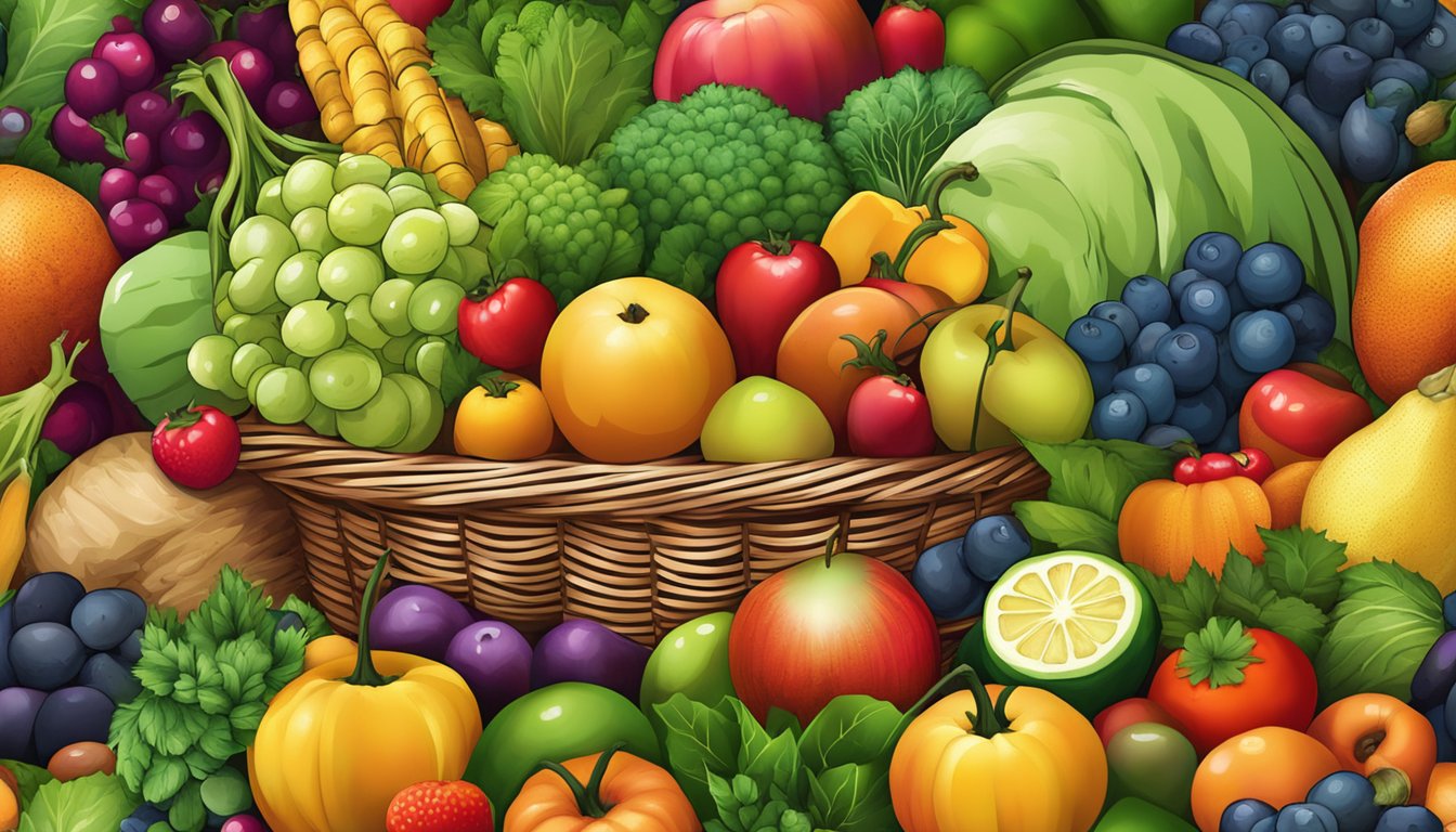 A variety of fresh fruits and vegetables overflowing from a basket, with a vibrant mix of colors and textures