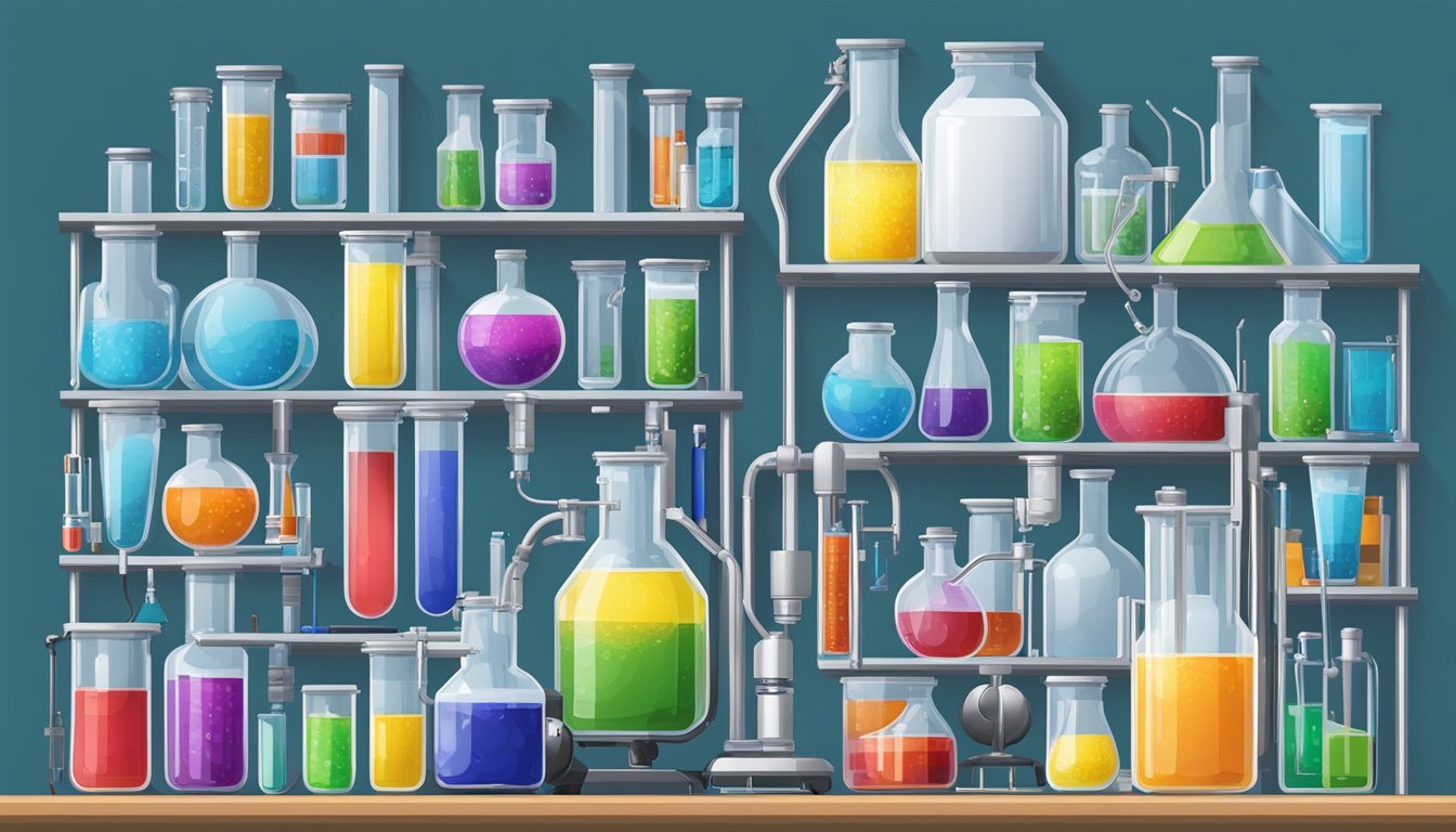 A laboratory setting with various chemical compounds and equipment, including test tubes, beakers, and analytical instruments used for analyzing energy drink samples