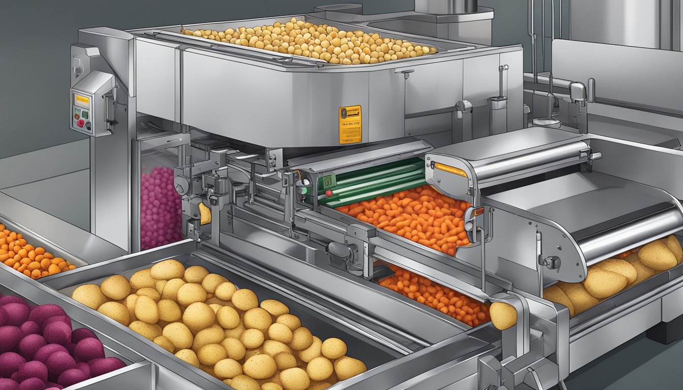 A conveyor belt moves potatoes, carrots, and beets into a machine. The vegetables are sliced, fried, and coated in seasoning before being packaged