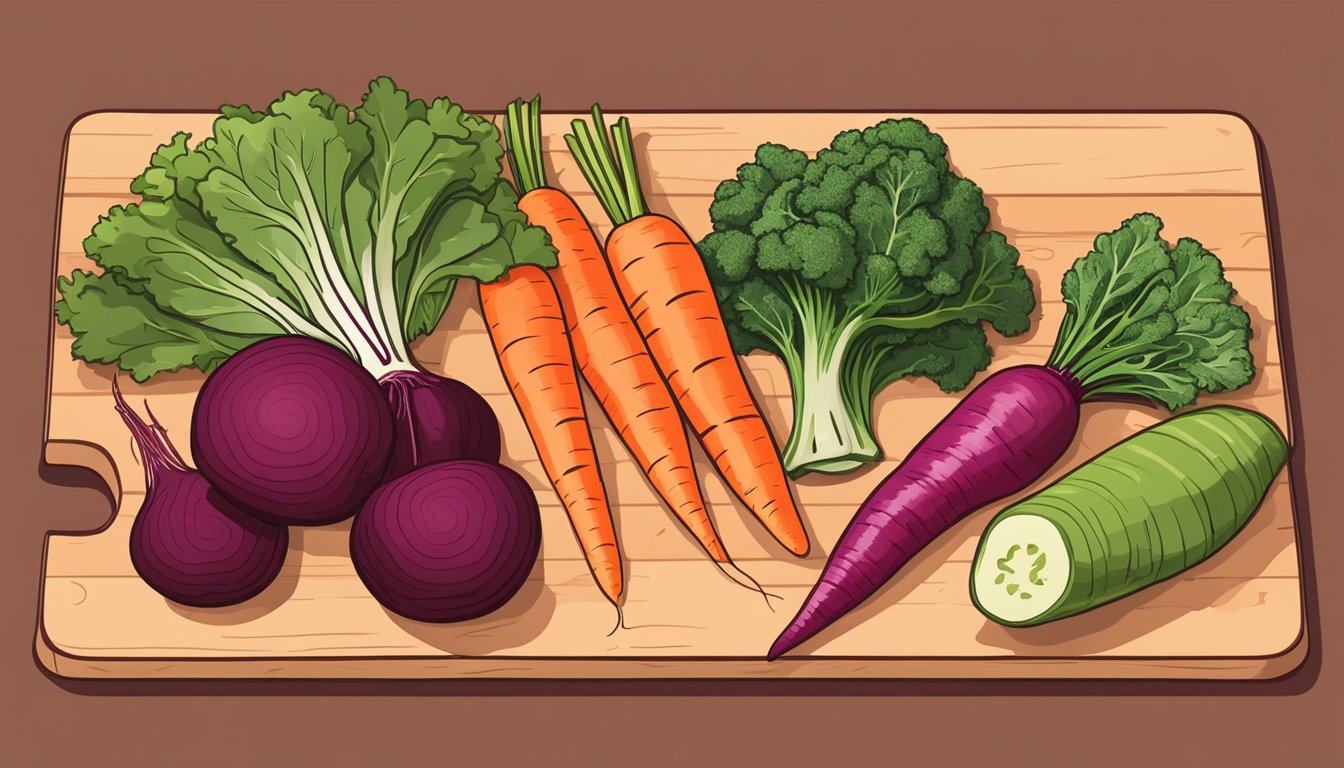 A variety of fresh vegetables, such as carrots, kale, and beets, are spread out on a cutting board, ready to be sliced into thin chips