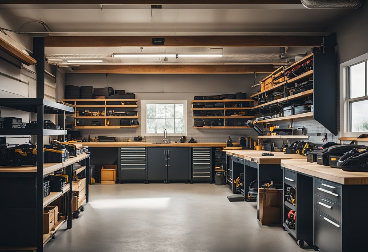 A spacious garage with organized tool storage, workbenches, and ample lighting. A vehicle is parked to the side, leaving plenty of space for woodworking and other projects