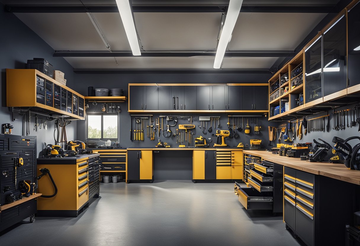 A spacious garage workshop with dual purpose storage cabinets neatly organized along the walls, creating a functional and efficient layout for various tools and equipment