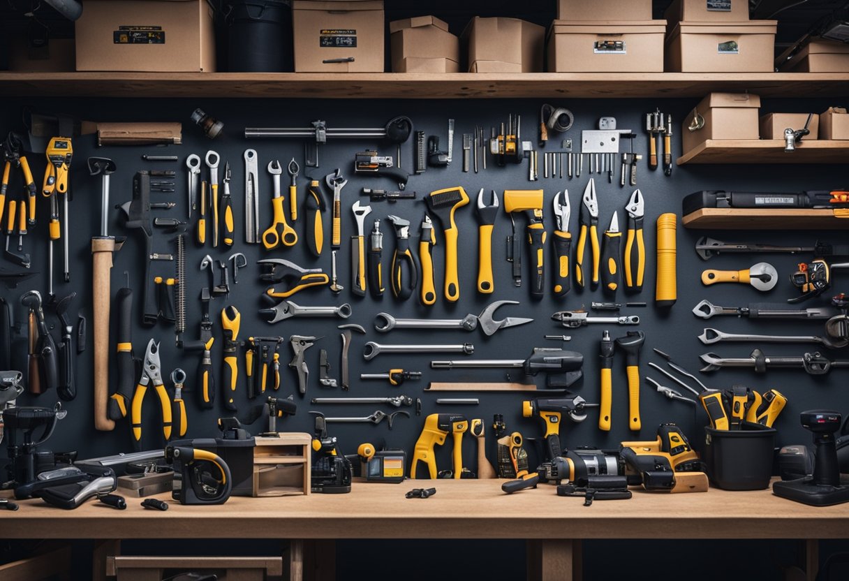 A cluttered garage with various tools neatly organized on an overhead tool organizer