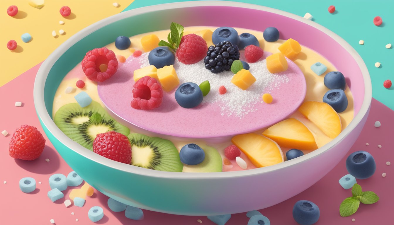 A colorful smoothie bowl surrounded by sugary toppings and labeled with misleading health claims