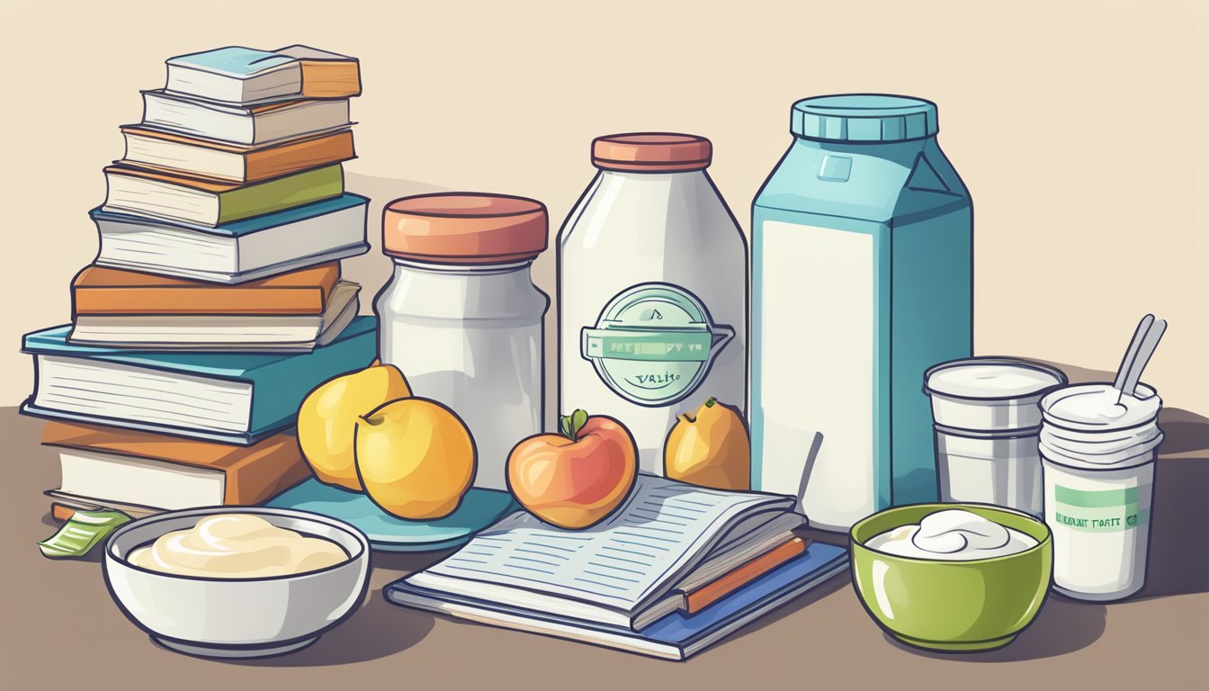 A table with various yogurt containers, some labeled "low-fat." A stack of health-related books and research papers nearby