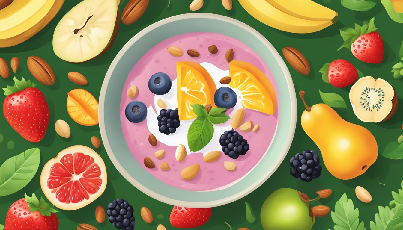 A colorful array of fresh fruits, nuts, and seeds arranged around a bowl of thick, creamy smoothie, with vibrant green leaves in the background