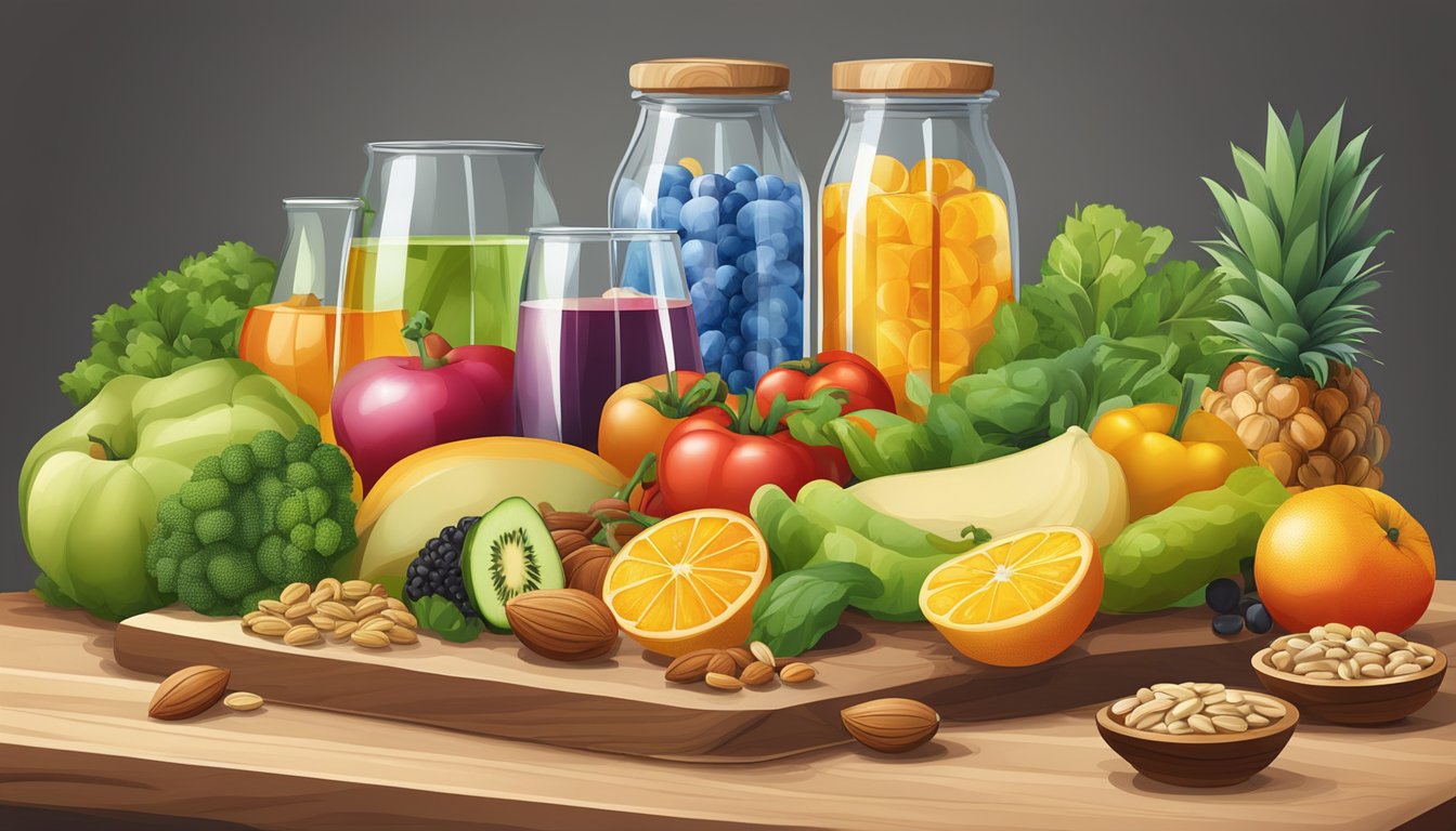 A colorful array of fresh fruits, vegetables, nuts, and seeds arranged on a wooden cutting board, with a clear glass of water nearby