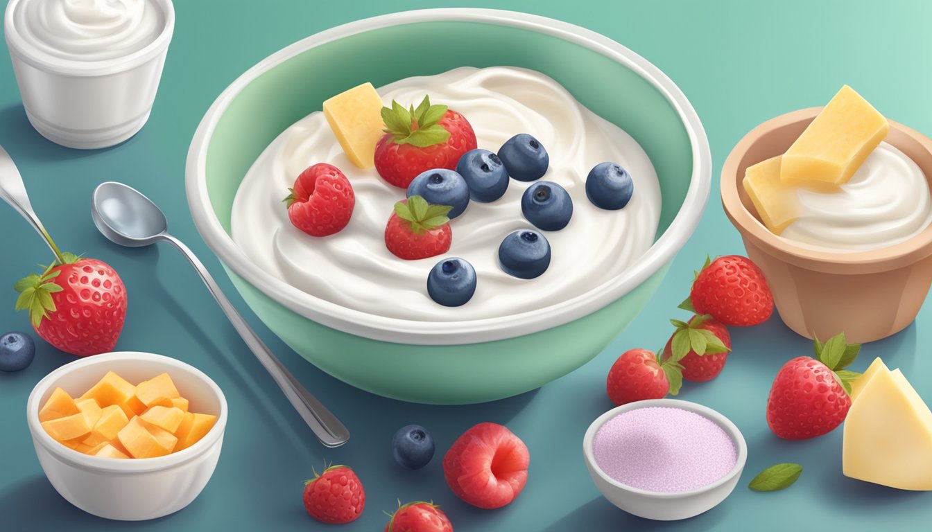 A bowl of low-fat yogurt surrounded by unhealthy processed ingredients like sugar and artificial flavors