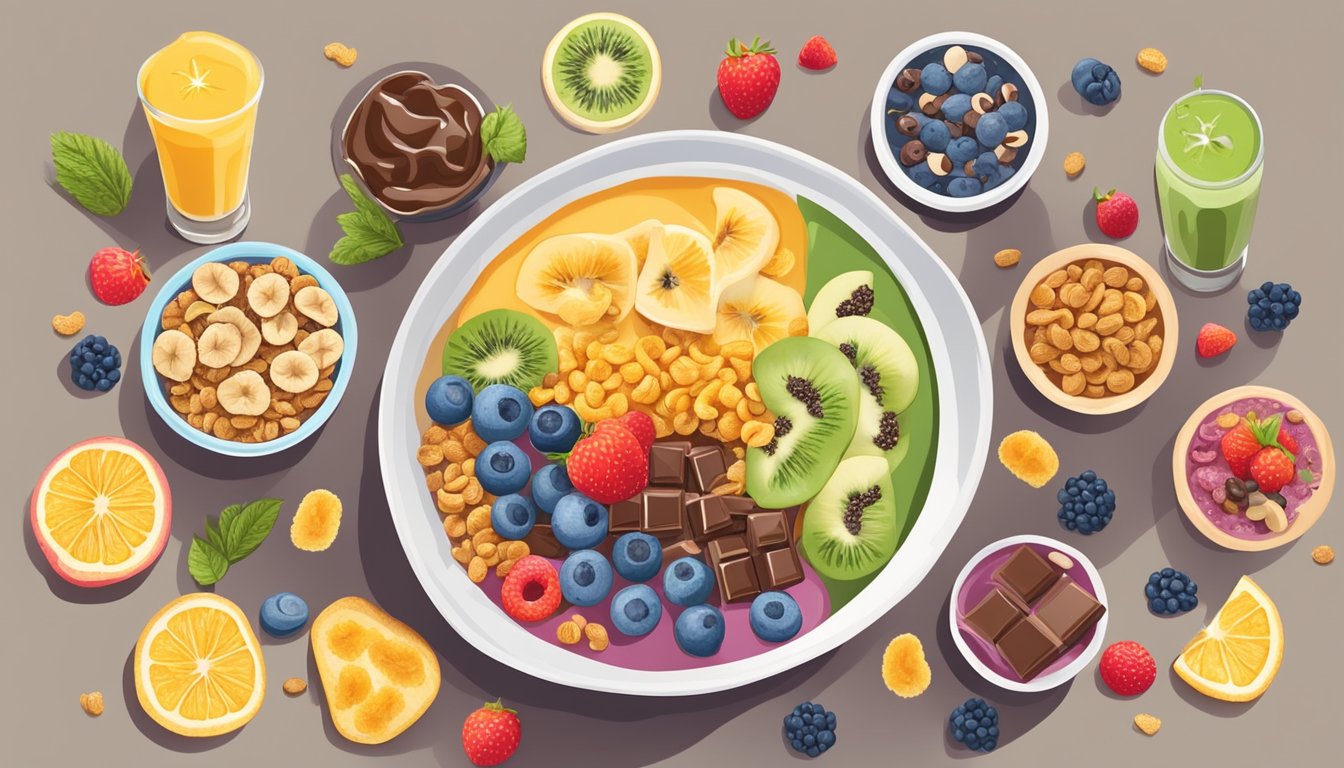 A table with colorful smoothie bowls surrounded by various unhealthy toppings like sugary cereals and chocolate chips