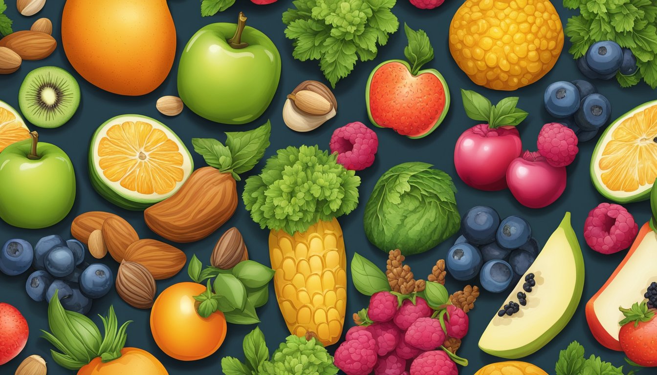 A variety of fresh fruits and vegetables, along with granola and nuts, arranged in a colorful and appealing manner