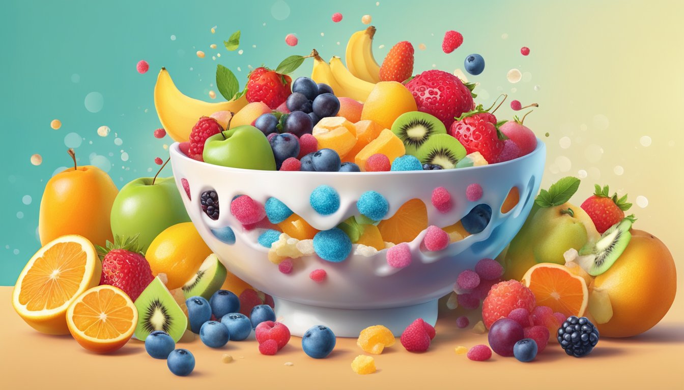 A colorful array of sugary fruits and toppings overflow from a vibrant bowl, creating an enticing yet misleading image of health