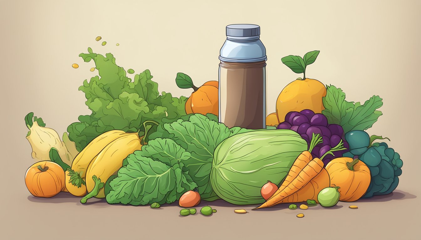 A pile of wilted vegetables and fruits next to a discarded protein shake bottle