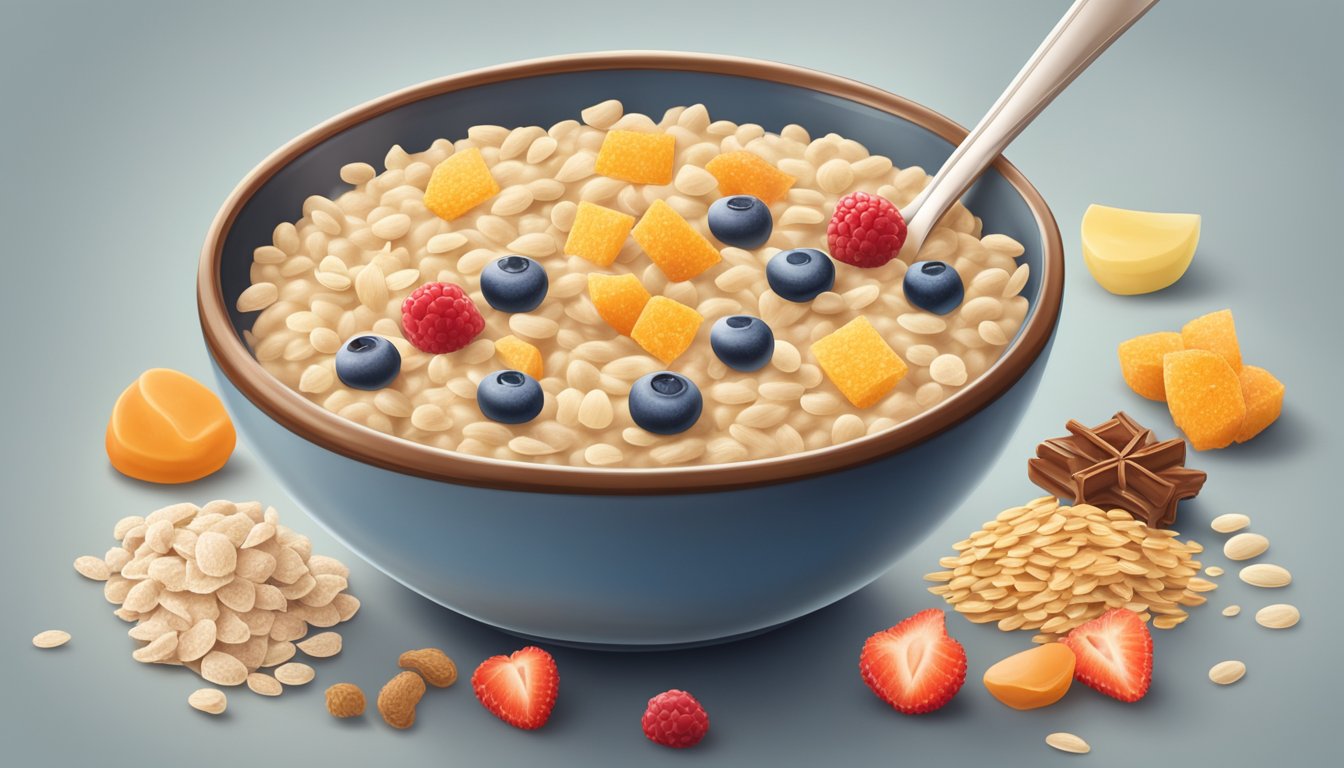 A bowl of flavored oatmeal surrounded by various unhealthy ingredients like sugar, artificial flavors, and preservatives