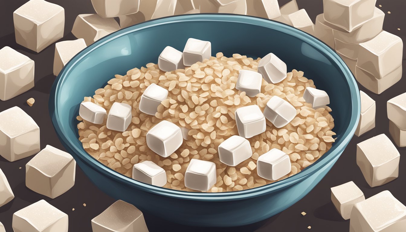 A bowl of sugary oatmeal surrounded by large, looming sugar cubes and a menacing sugar packet