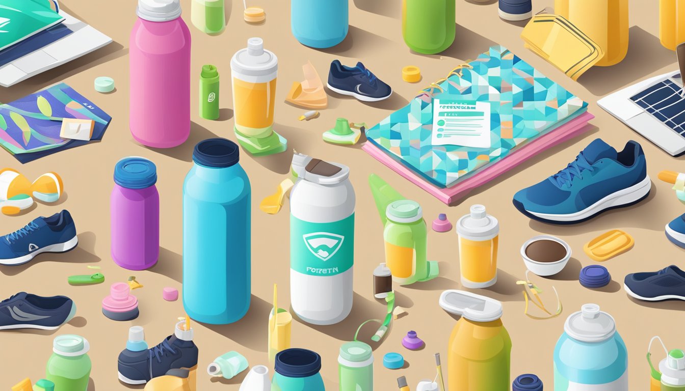 A variety of protein shake bottles surrounded by different lifestyle items, such as running shoes, yoga mat, and office supplies