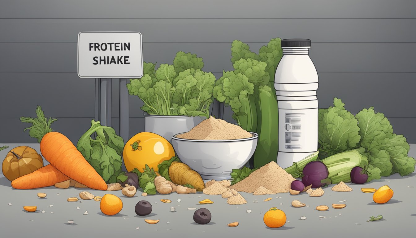 A pile of discarded protein shake bottles surrounded by wilted vegetables and fruits, with a warning sign in the background