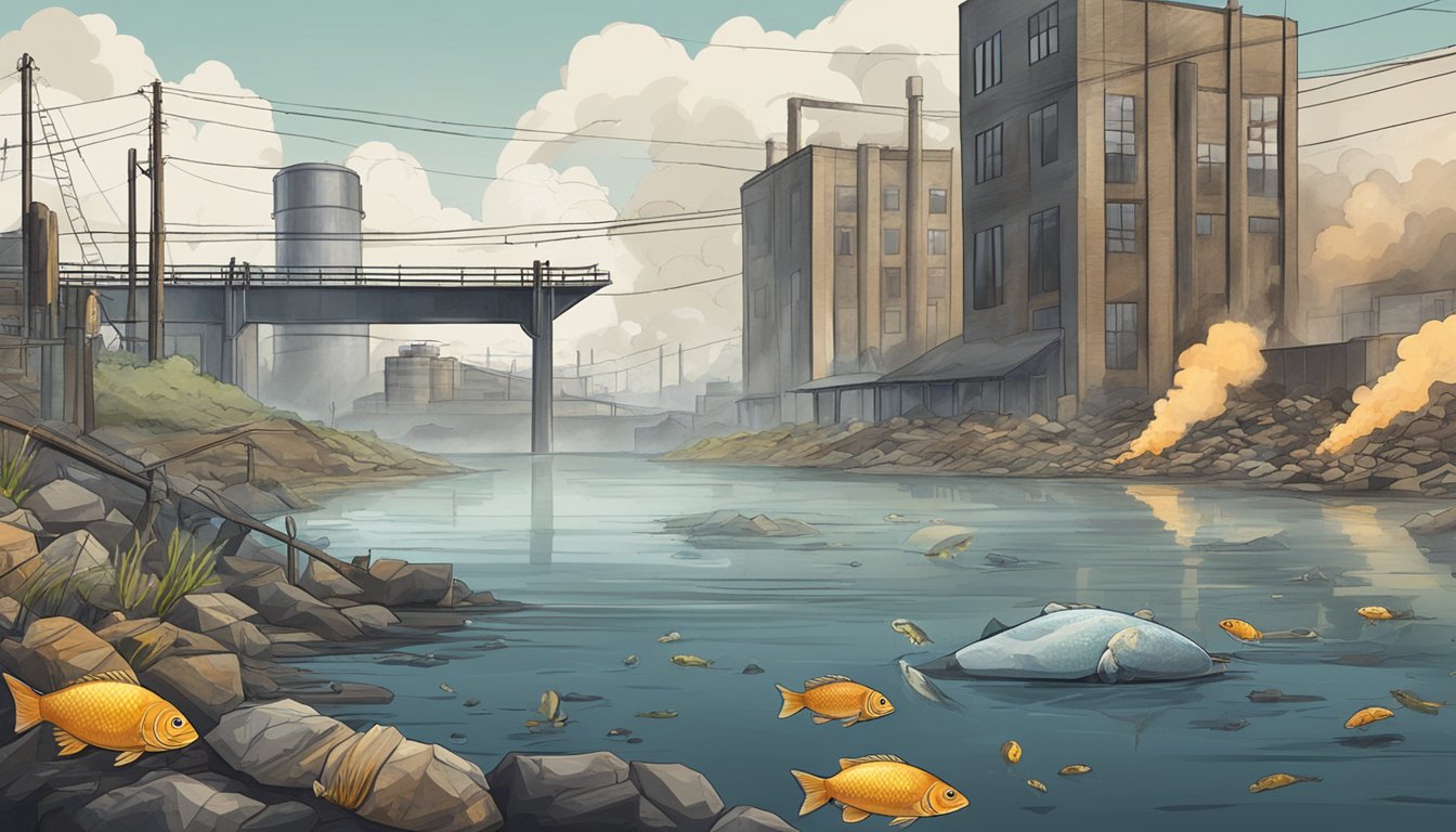 A polluted factory emitting smoke next to a polluted river with dead fish